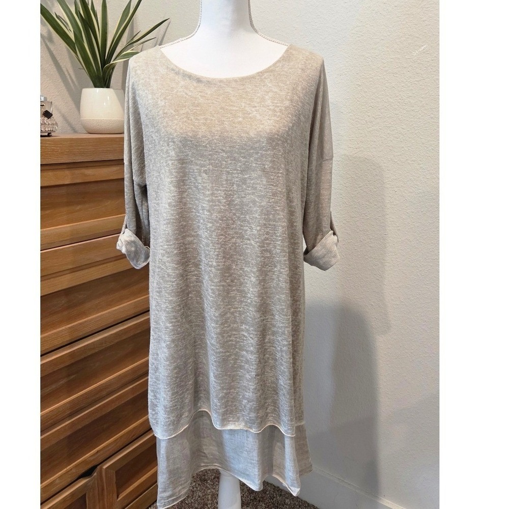 Made in Italy Linen Blend Layered Tunic Dress Roll Tab‎ Sleeve Beige Lagenlook M